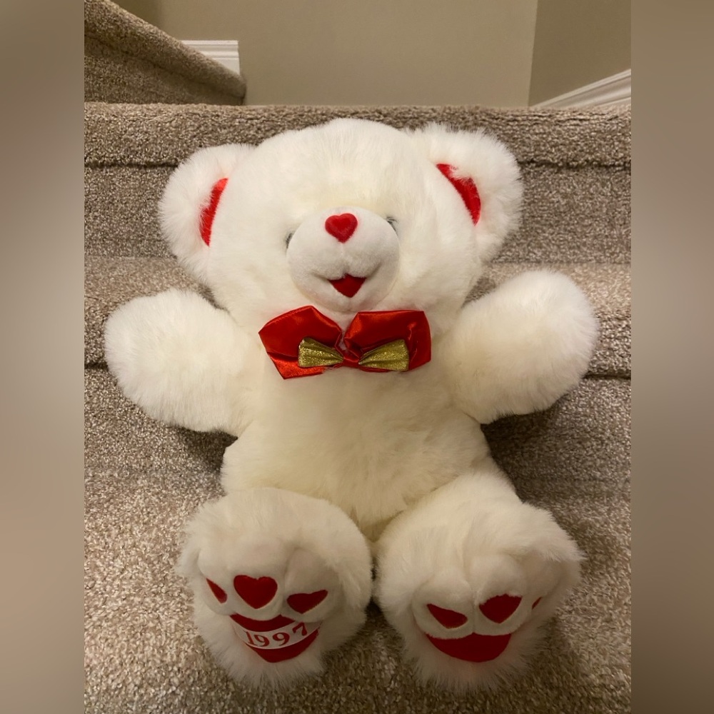 Vintage 1997 Dan Dee Valentine White and Red Teddy Bear with Bow